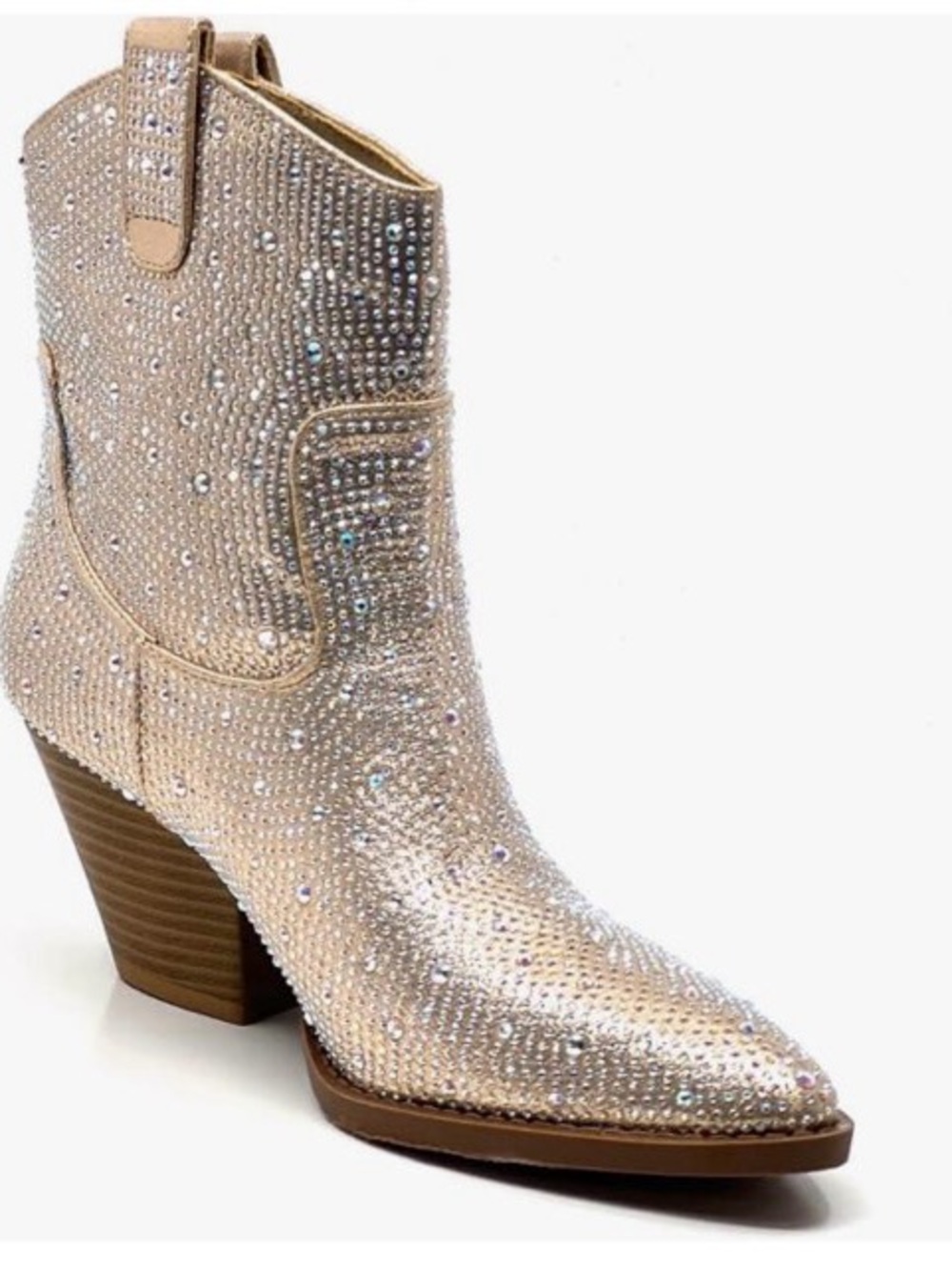Embellished Metallic Cowgirl Ankle Boots - Champagne
